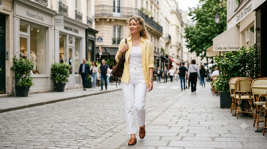 Butter Yellow Linen Button-Down & Straight Rigid White Jeans